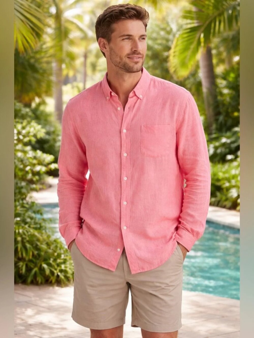 🌴TOMMY BAHAMA🌴 100% Linen Breezer Long Sleeve Shirt - [Lg, Pink]
